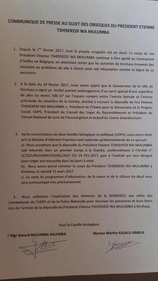 inhumation tshisekedi communiqué