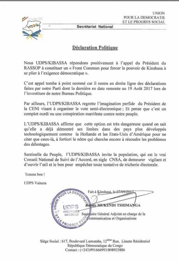 Déclaration de l'UDPS/KIBASA