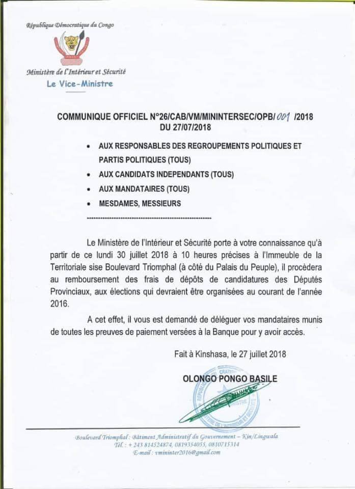 Min Int RDC communiqué