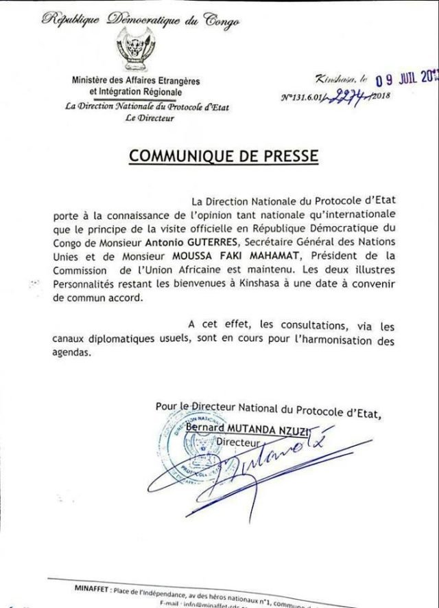 communiqué de presse RDC