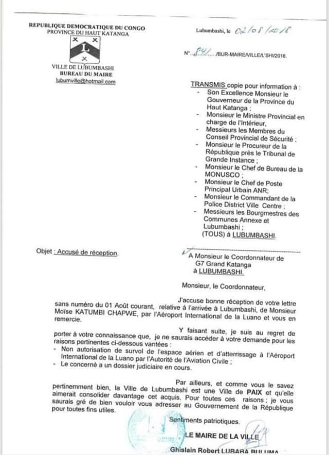 Accusé de réception - Maire de lubumbashi