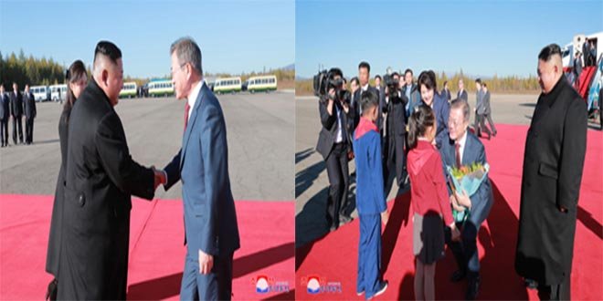 Le Dirigeant Suprême KIM JONG UN a accueilli le Président MOON Jae-In à l’Aéroport de Samjiyon