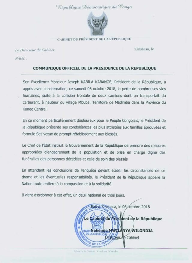 Communiqué deuil national - Présidence