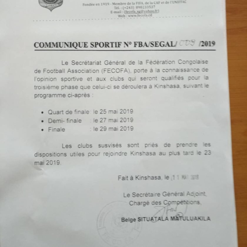 Communiqué de la Fecofa-Coupe du Congo