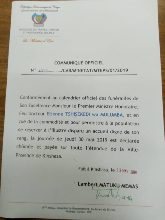 Communiqué officiel - Obsèques Etienne Tshisekedi