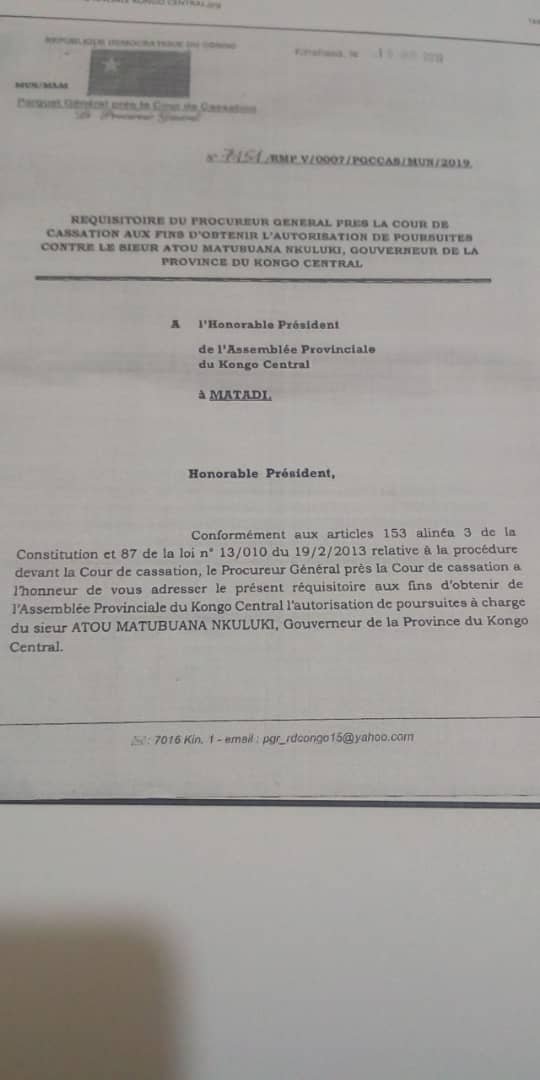 Le Gouverneur du Kongo central Atou Matubuana risque la prison