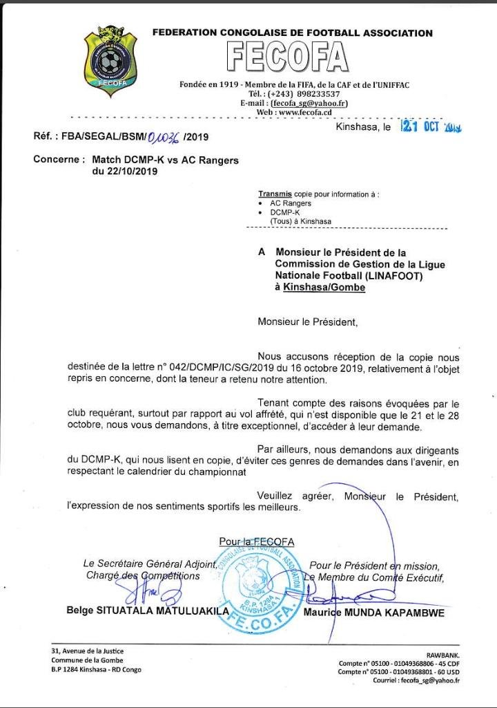 La correspondance de la Fédération congolaise de football adressée à la Ligue nationale de football