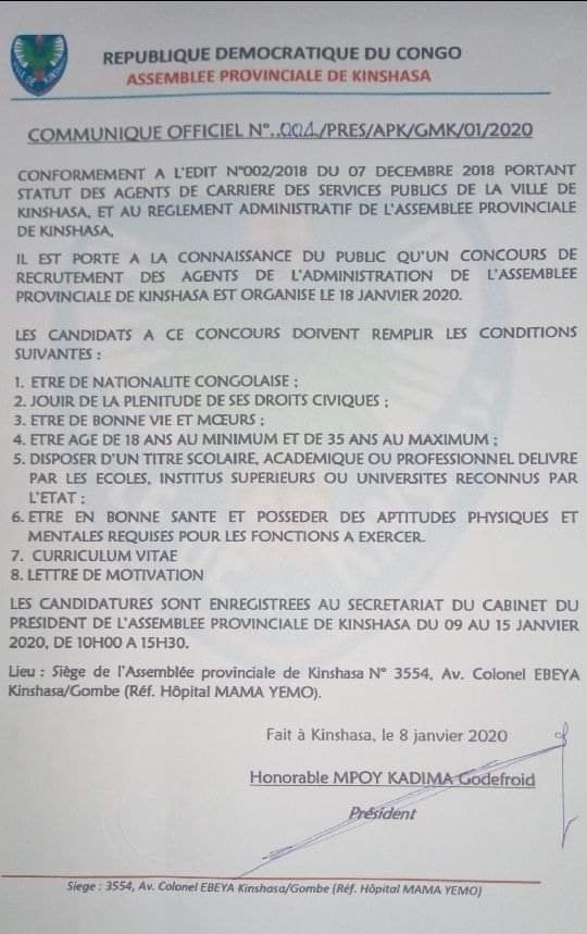 communiqué de l'Assemblée Provinciale de Kinshasa sur le recrutement