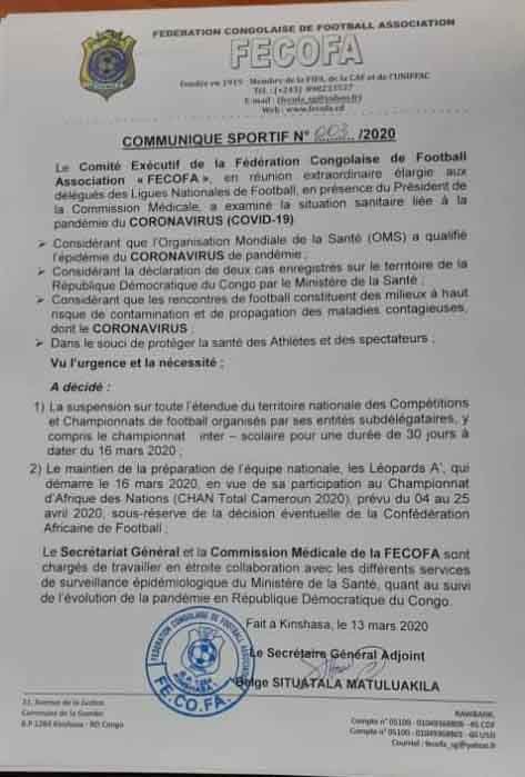 Face à l'ampleur du Coronavirus, La Fecofa suspend la Linafoot et tous les Championnats et compétitions pour 30 jours