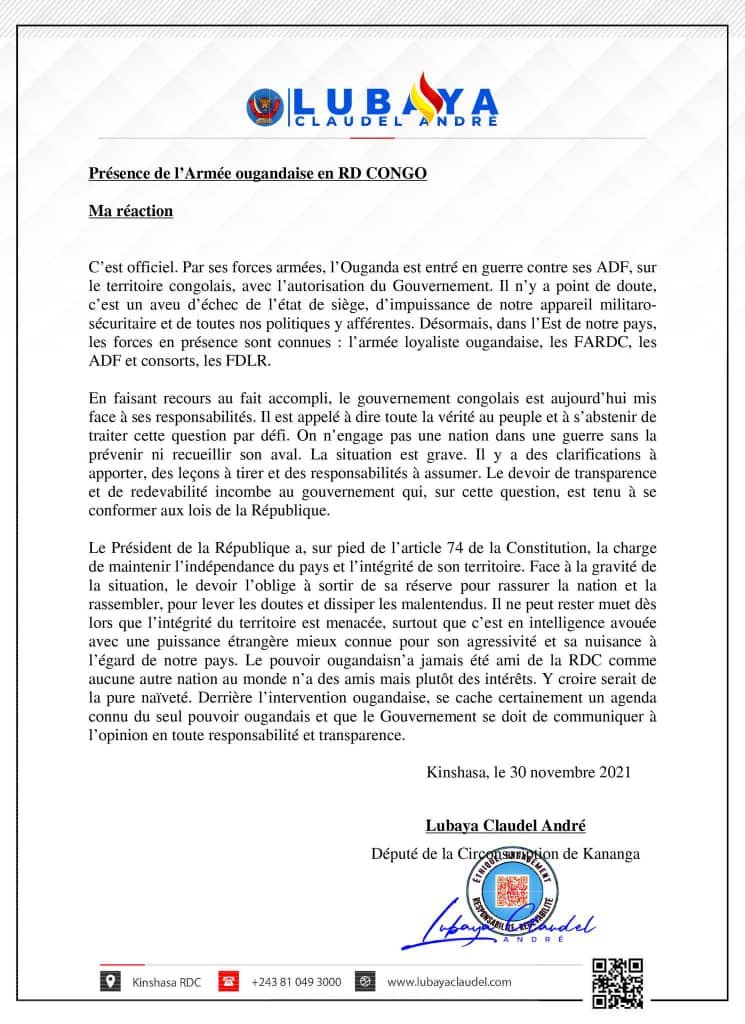 communiqué de Claudel Lubaya