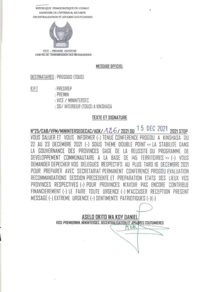 RDC : la conférence des gouverneurs de province convoquée le 22 décembre prochain