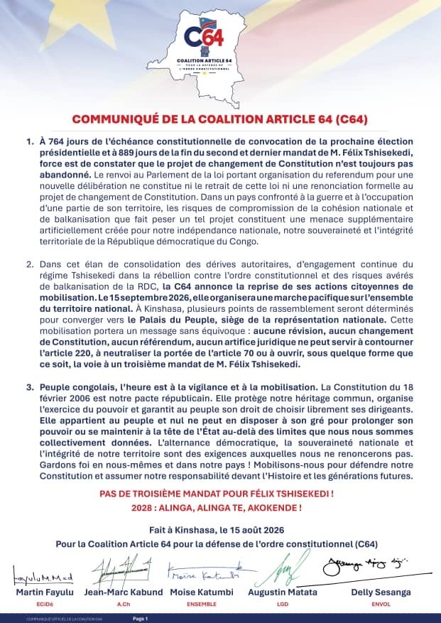 RDC : reprise des actions citoyennes de la C64 le 15 septembre avec une marche pacifique sur l’ensemble du territoire