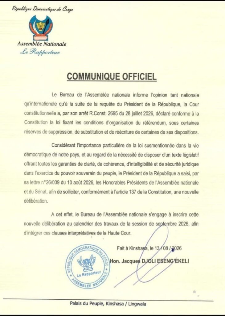 RDC : la loi référendaire renvoyée aux deux chambres du Parlement pour une nouvelle délibération